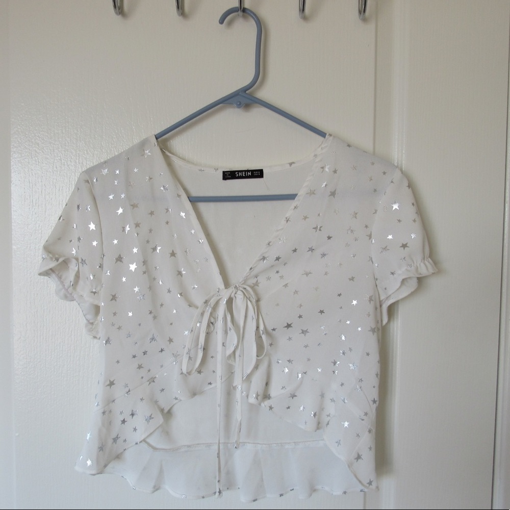 SOLD White with silver stars tie-front short sleeve top